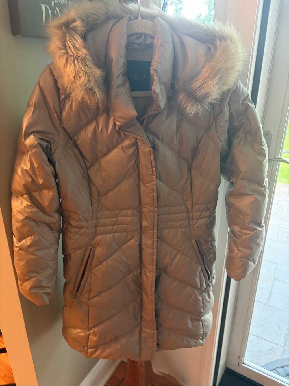 Talbots MP Medium Petite Quilted Puffer Jacket Faux Fur Detachable Hood Beige
